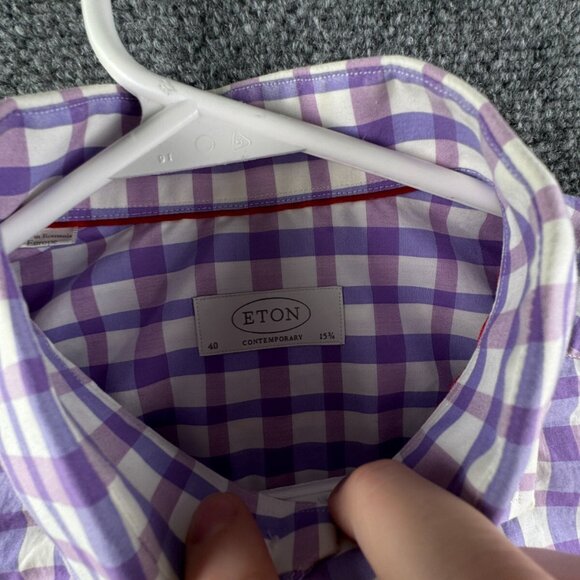 Eton Button Up Shirt Long Sleeve Men Pink Purple Check 15.75 Contemporary Cotton - Picture 8 of 16
